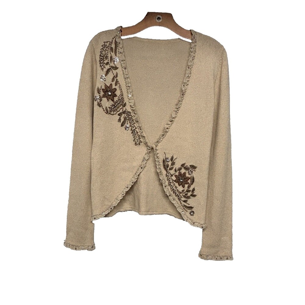 Crop 1 Button Embroidered Cardigan Shawl Shrug Ruffle Long Sleeves Women's S/M